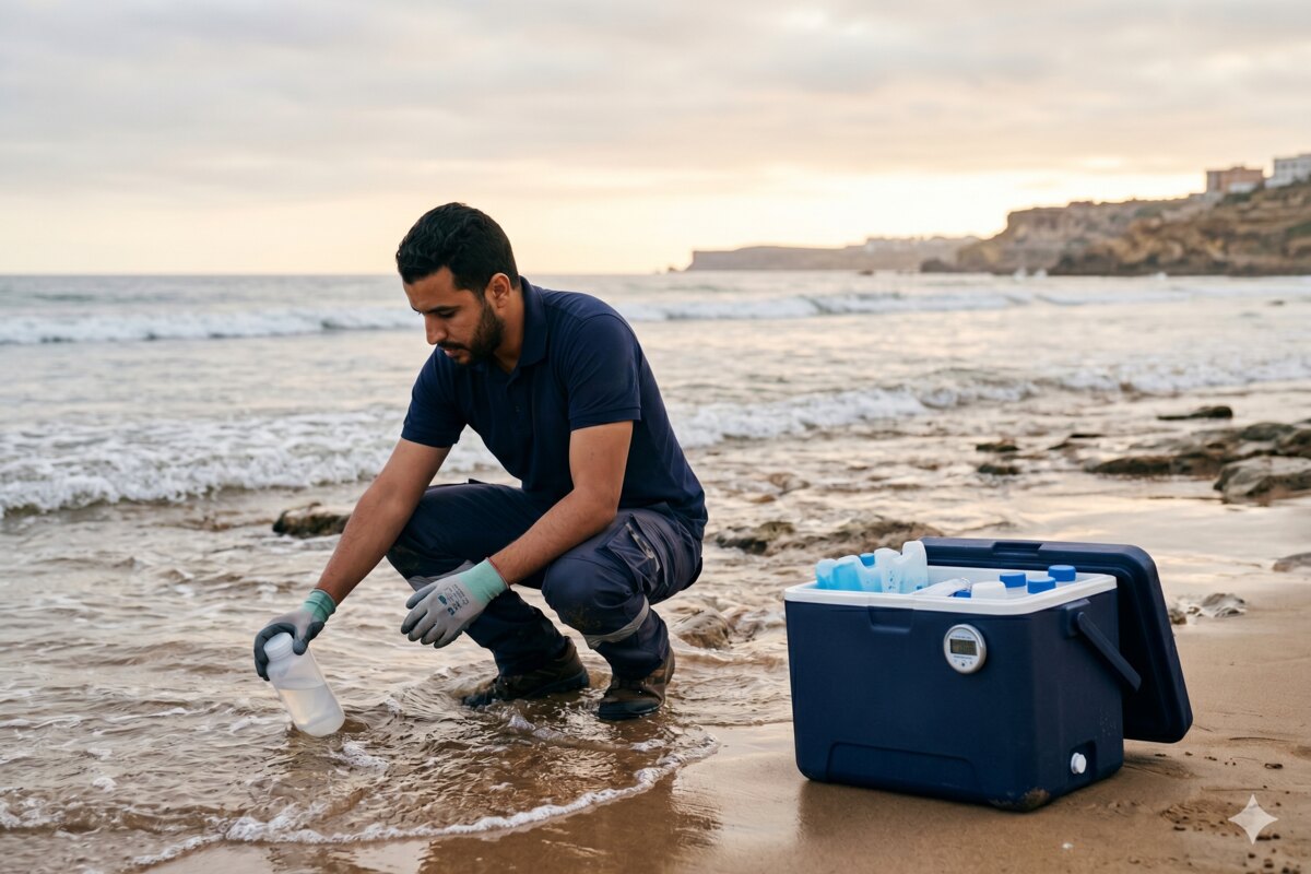 Illustration éditoriale : surveillance de la qualité des eaux de baignade au Maroc | PRELAB